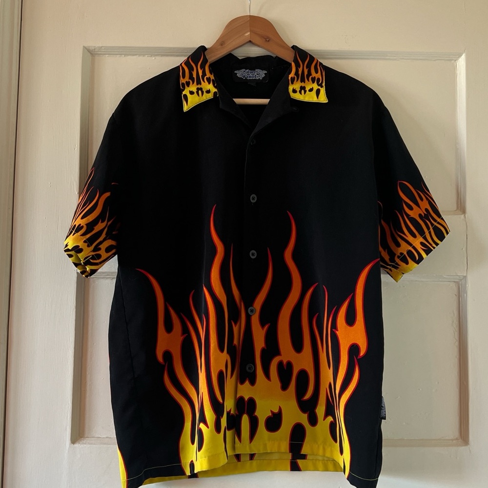 Silver Point Black short sleeve button up with flames